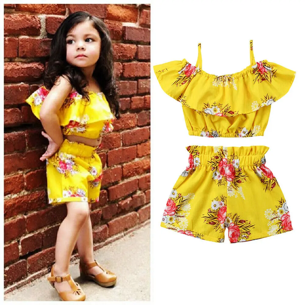 1-6 Year Old Toddler Baby Girl Clothes Watermelon Sunflower Print Ruffle Drop Shoulder Strap Top Shorts 2-Piece Summer Set kids clothing set,girls clothing set