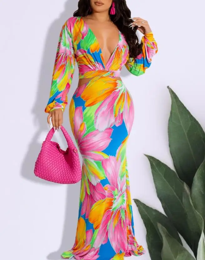 

Sexy Women's Dress Summer 2023 Fashion Vacation New Floral Print Long Sleeve Plunge Tied Detail Elegant Mermaid Long Dresses
