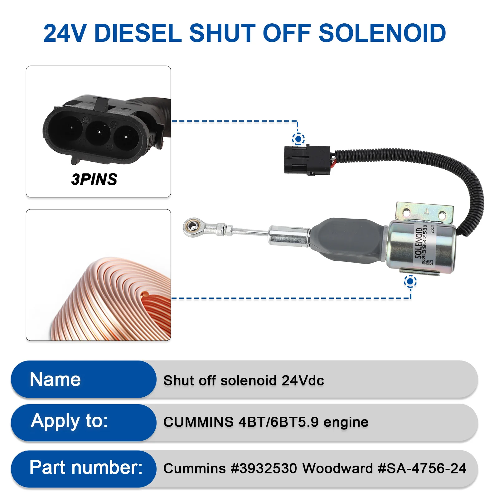 3932530 24V Diesel Engine Shut Off Valve Solenoid SA-4756-24 For Cummins 4BT 6BT5.9 Excavator Fuelsolenoid