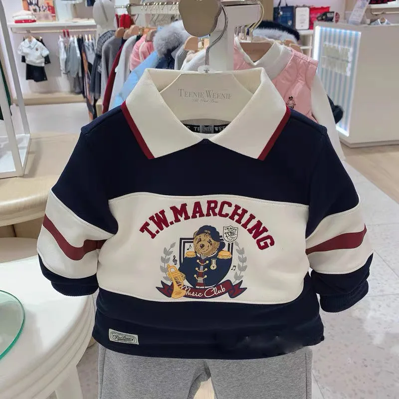 

winter fleece flocking thick sweatshirt for boy kids clothes turn-down neck striped bear Cotton Hoodies Tops Tees Family