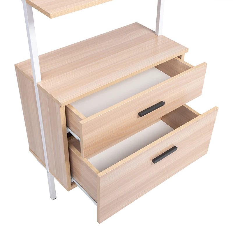 Industrial Bookshelf with Wood Drawers and Matte Steel Frame,Nutural/White