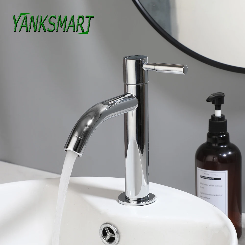 YANKSMART Only Cold Bathroom Faucet Stainless Steel Single Hole Deck Mounted Lavatory Torneira 1 Single Chrome Sink Water Tap
