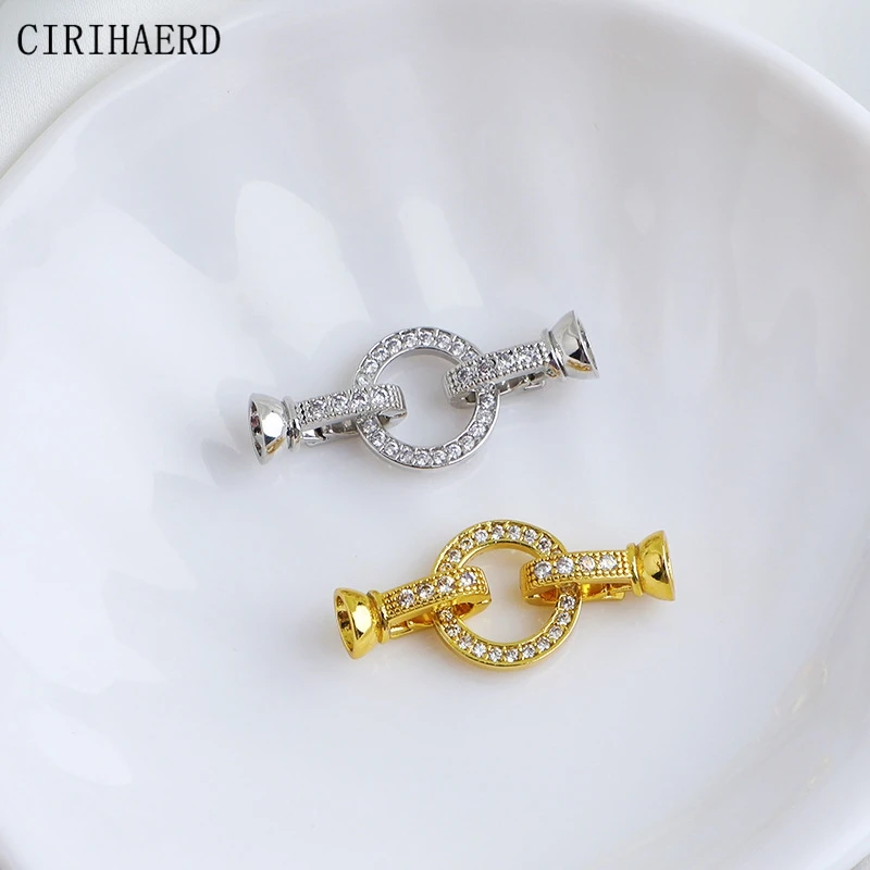 18K Gold-Plated Inlaid Zircon Round Necklace Clasp DIY Pearl Bracelet Double Clasps End Buckle Jewelry Accessories Connectors