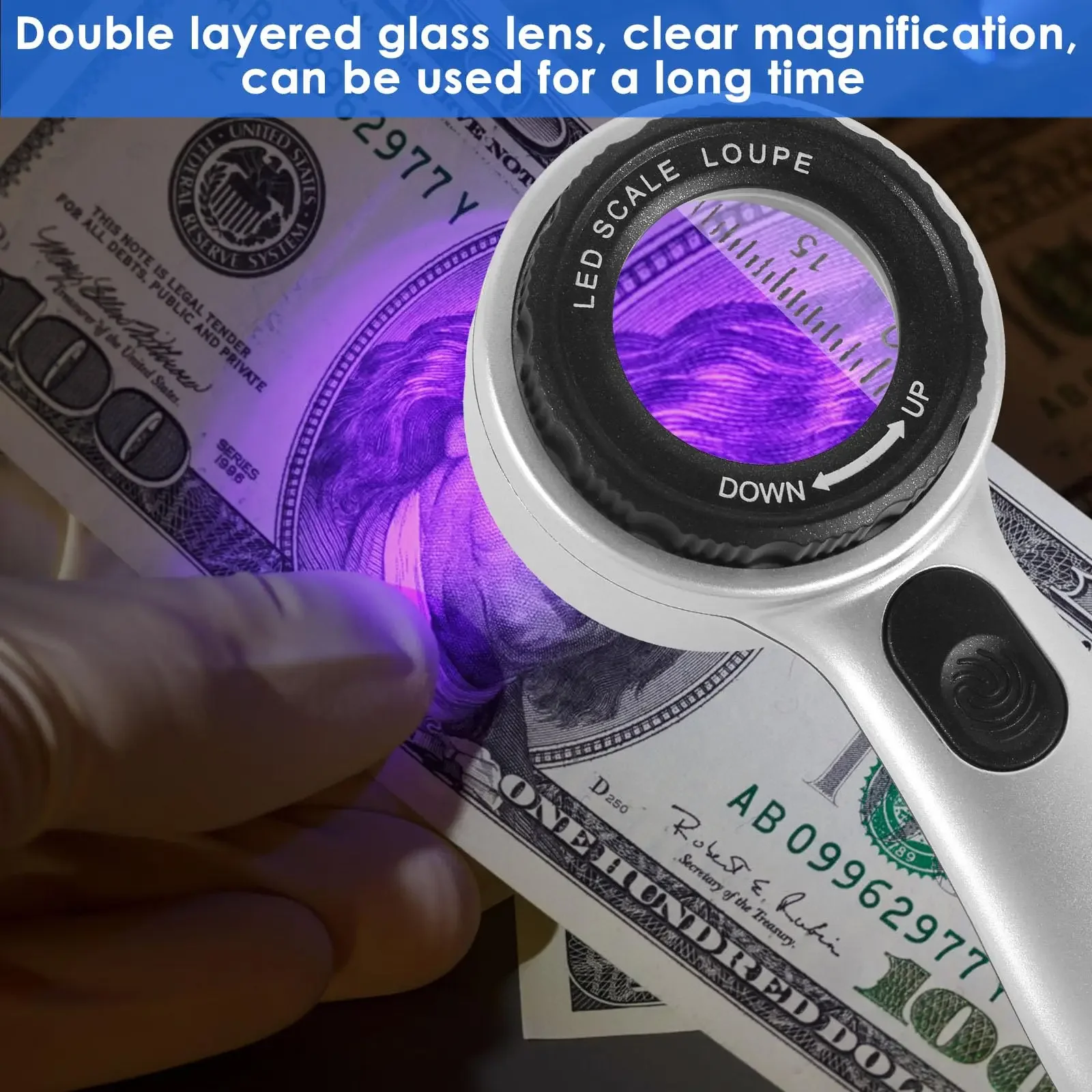 Magnifying Glass Rechargeable 30X Handheld with LED Lights Illuminated 4 Light Modes Scale Jewelry Loupe for Seniors