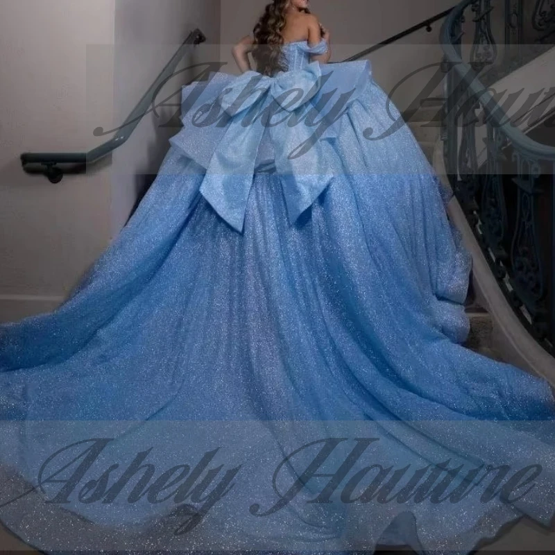 Elegant Sky Blue Quinceanera Dresses For Girls Beads Bow Ball Gown Women Birthday Party Prom Occasion Wear Vestido 15