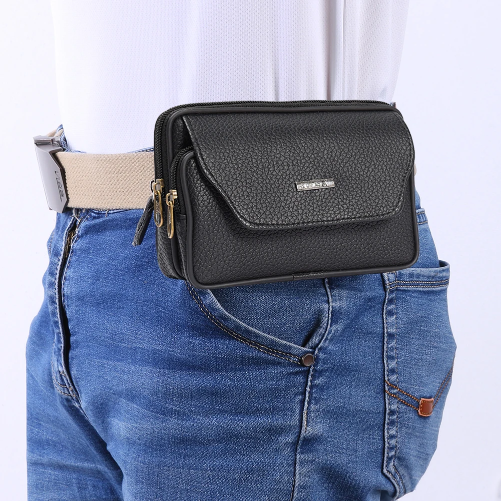 Leather Men Small Waist Bag Solid Color 