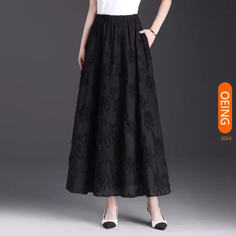 

Embroider Flower Big Swing Long Black Skirt for Women 2024 Spring Summer Elegant Chic Loose Casual A-line Maxi Skirts Femme 2119