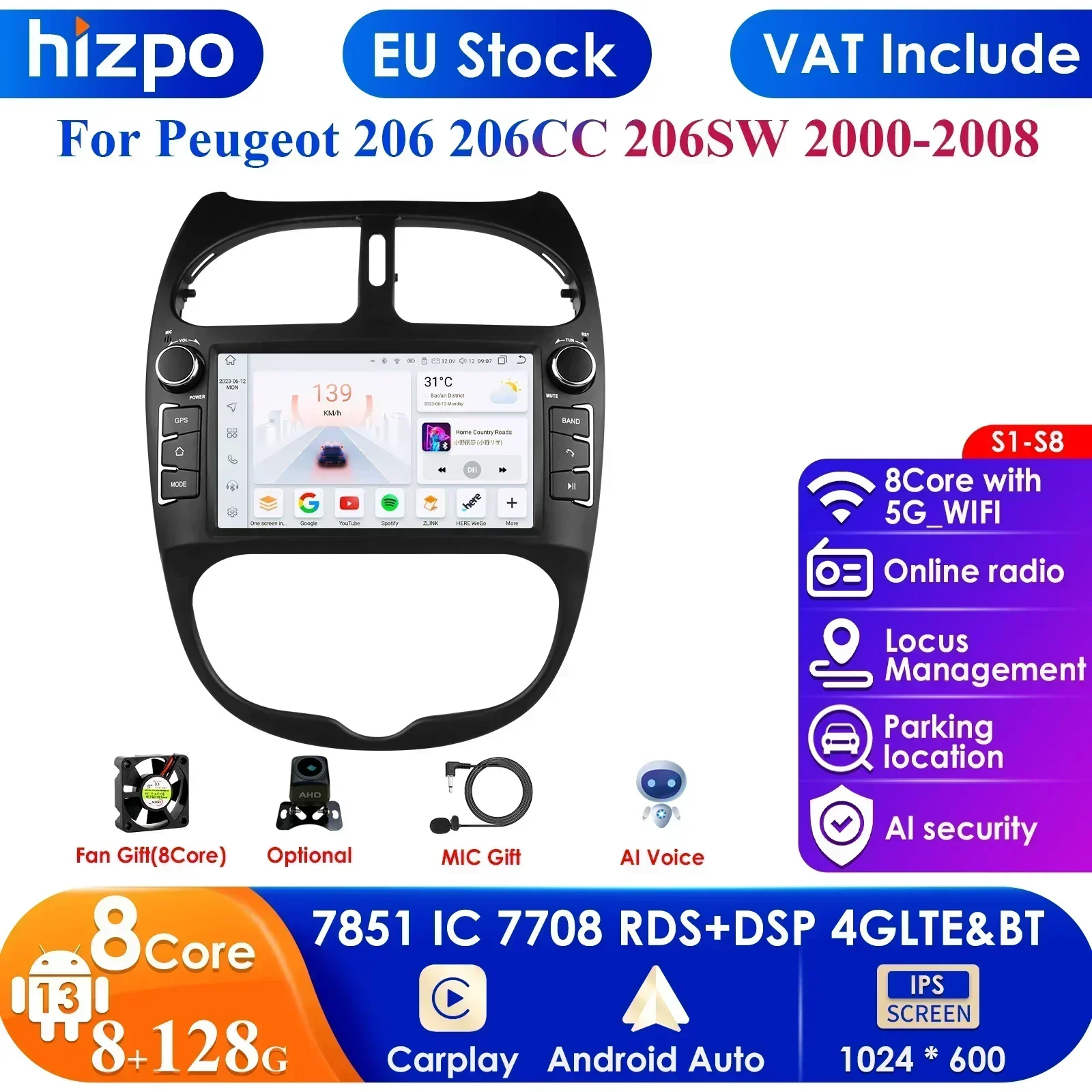 AUTORADIO 2 DIN Peugeot 206 206CC 206SW 2001-2008 Wifi GPS Android12