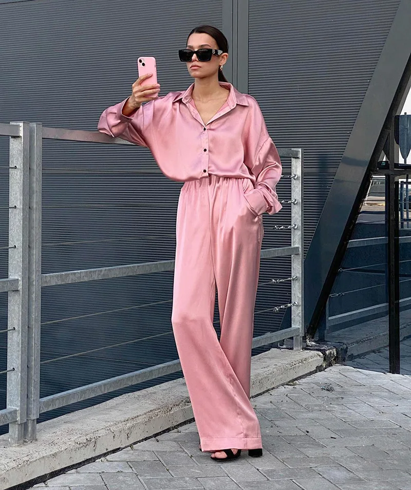 2022 Autumn Winter Women Elegant Silk Pants Set Solid Loose Fit Outfits  Shirt Pants 2 Two Piece Matching Satin Set Women - Pant Sets - AliExpress