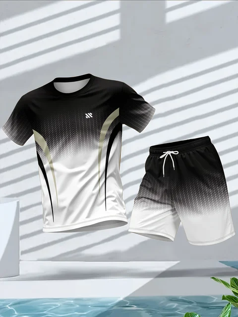 Ensemble T-shirt et short à col rond pour hommes, mode d'été, couleur personnalisée imprimée, confortable et respirant, vêtements de sport décontractés en plein air 1