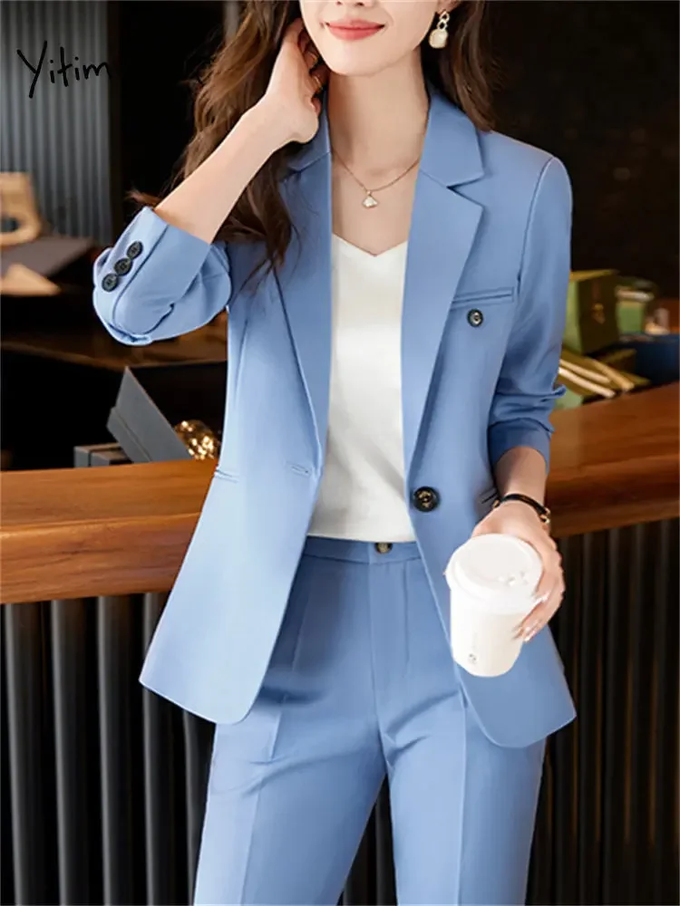 Yitimuceng Blue Suits For Women 2023 Fashion Long Sleeve Office Lady Single  Button Blazer Chic High Waisted Pants 2 Piece Set - Pant Suits - AliExpress