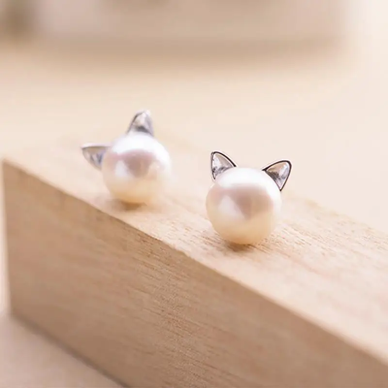 Silver Color Small Pearl Cat Stud Earrings