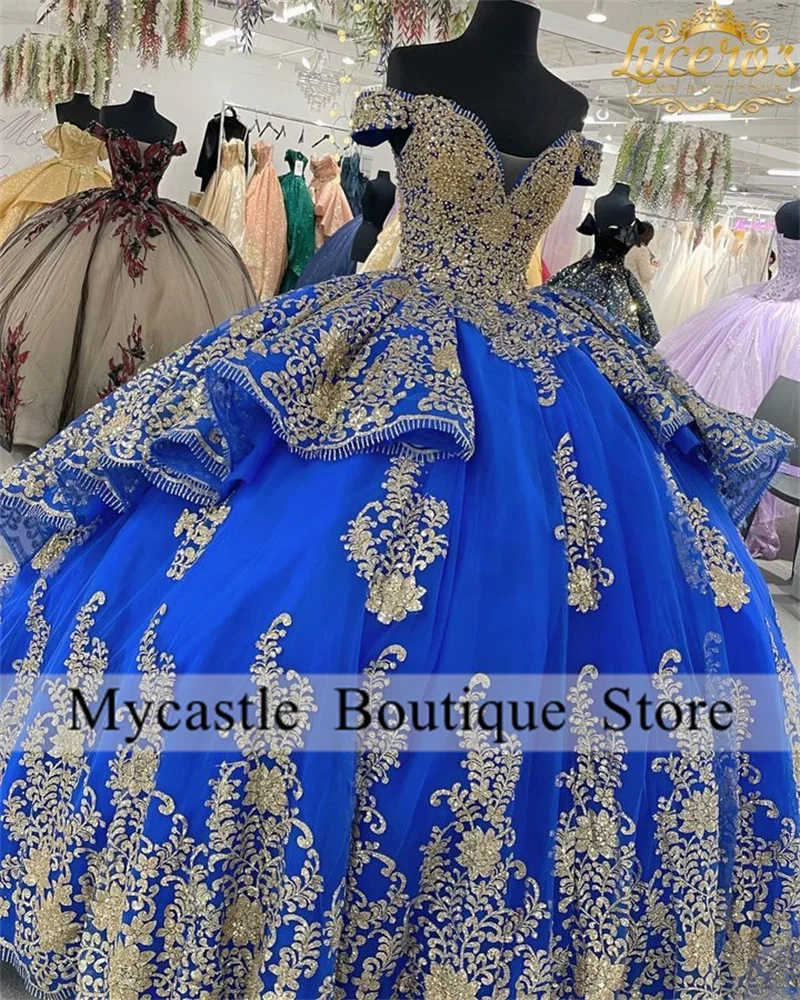 Mexican Royal Blue Quinceanera Dresses Ball Gown Gold Beaded Lace Appliques Sweet 16 Dress Princess Lace Up Vestido De 15 A&ntilde;os