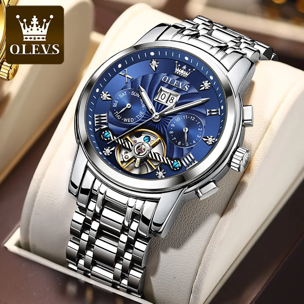 

OLEVS 9910 Stainless Steel Skeleton Design Multifunctional Men Wristwatch, Waterproof Automatic Mechanical Business Watches