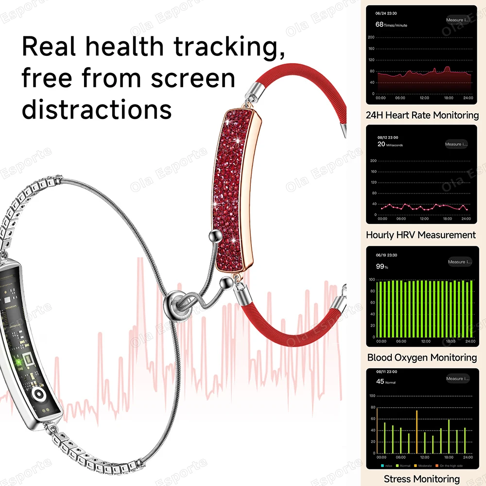 Fashion Luxury Women Bluetooth Smart Bracelet Ladies Fitness Sports Band Heart Rate Blood Oxygen Stress Monitor Smart Wristband