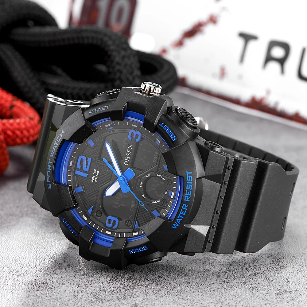 

OHSEN Mens Digital Watches Quartz LED Analog Digital Waterproof Man Wristwatches Blue Silicone Diving Watch Reloj Masculino