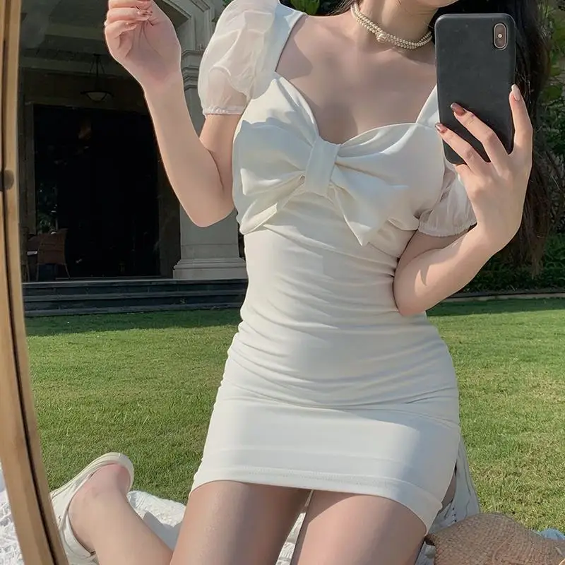 

White Vestidos Bodycon Sexy Mini Dress Women Korean Fashion Wrap Puff Sleeve Short Dresses Party Casual 2023 Summer Sundress Bow