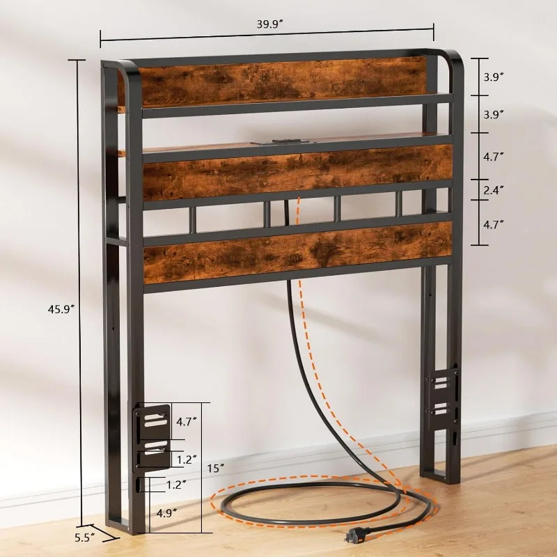 Twin Size Head Board Only 2 Outlets 2 USB Ports Bed Headboards with Charging Station Two Tier Storage Headboards Shelf for Dorm 4