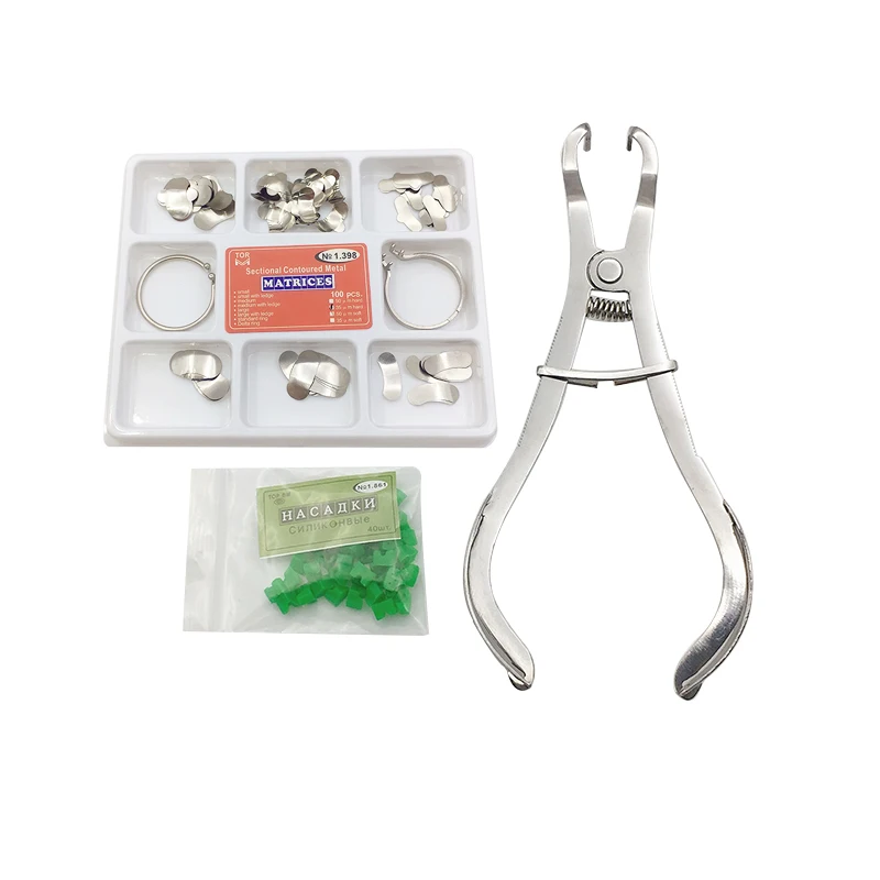 1 Set Dental Matrix Sectional Contoured Matrices + 40 Pcs Silicone Add-On Wedges with Pliers Dentist Tools