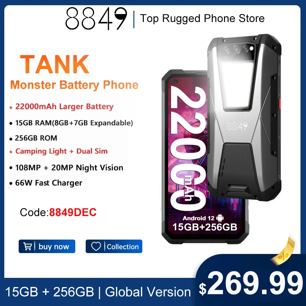 8849 By Unihertz Tank 108Mp Smartphone Robusto 15Gb 256Gb 22000Mah Batteria Visione Notturna G99 Cellulare Cellulare Impermeabile
