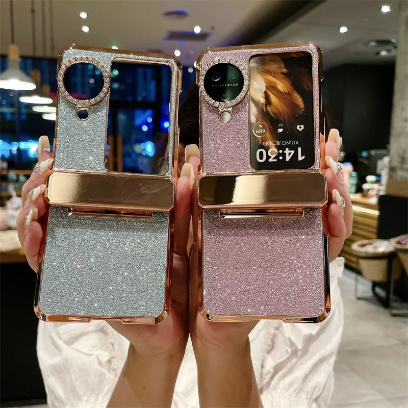 

Rhinestone Glitter Bling Pu Leather Trim Phone Case For OPPO Find N3 Flip Hinge Plating Plastic Back Cover