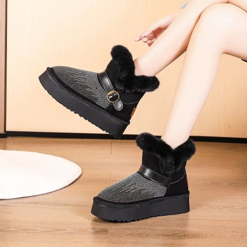 Diamond Women Snow Boots Winter Warm Ankle Boots Furry Suede Upper Non-slip Thicken Cotton Shoes Outdoor English Style Fashion