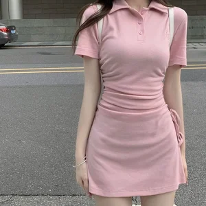 Korean Summer Fashion Short Mini Dress College Style Lapel Slim Sexy Street Dress Draw-string Thin Sheath Women Bodycon Dress