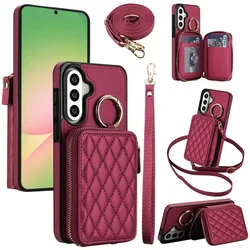 Elegant Leather Zip Wallet Card Phone Case with Ring Wrist Strap and Crossbody Lanyard Cover - Galaxy A37 (Wine red)