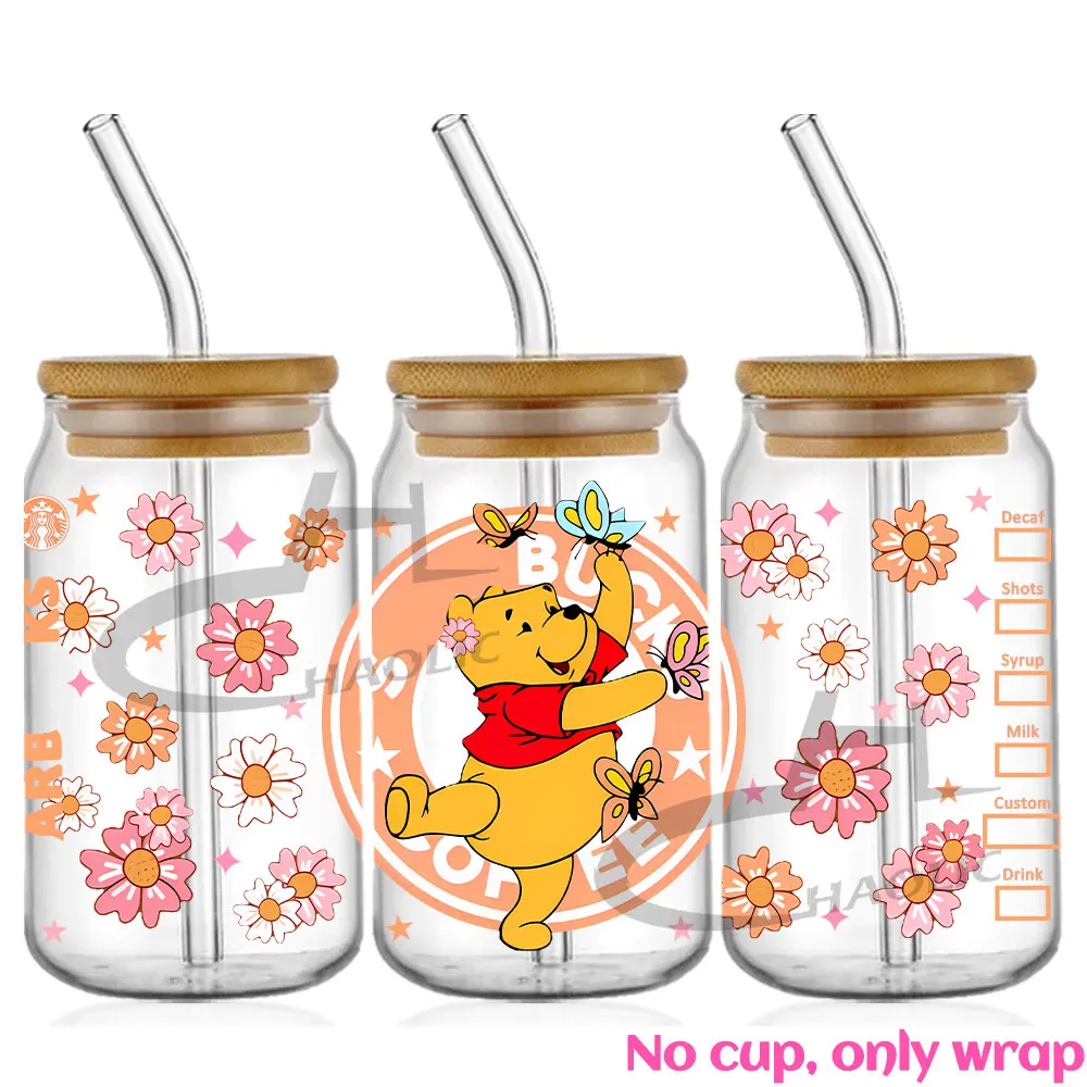 Cute Winnie UV DTF Cup Wrap 16oz Libbey Glass Can DIY Sticker Self-adhesive Washable Transfer Stickers