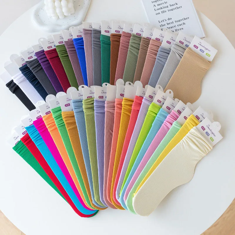 Multicolor Solid Color Ice Silk Velvet Mid Tube Socks Women Summer Soft Thin Rolled Edge Crew Socks Japanese Casual Long