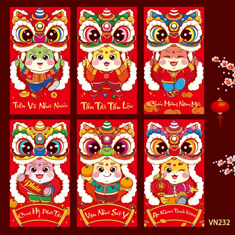 6Pcs Creative Vietnamese Red Envelopes New Year Red Pocket Money Packing Bag Hongbao Spring Festival Packets Decoration