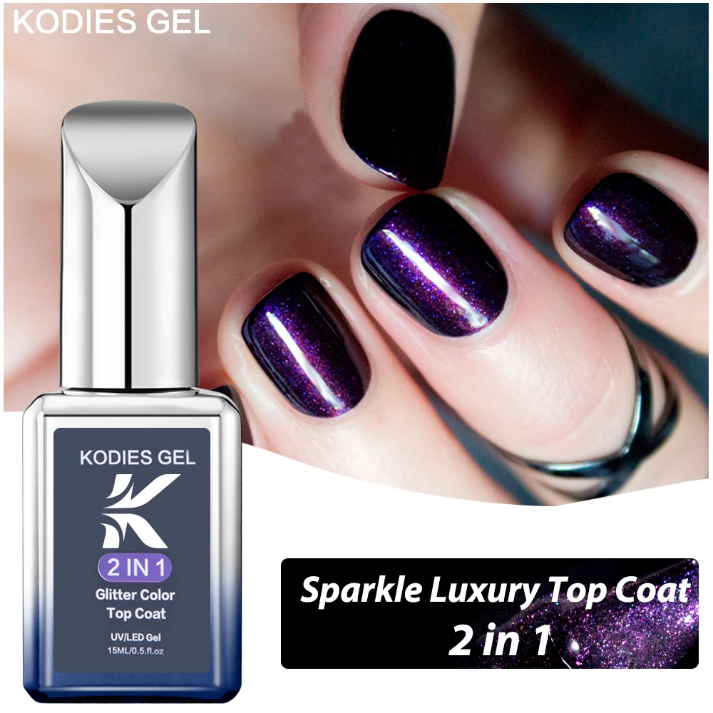 

KODIES GEL Glitter Top Coat UV Gel Nail Polish 15ML Super Sparkle Semi Permanent UV/LED Reflective Pigment Finish Gel Varnish