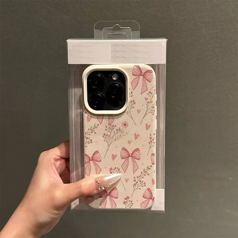 Pink Floral Bow Lychee Texture Soft Phone Case