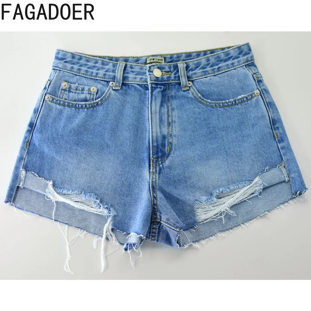 FAGADOER Blue Vintage Fashion 90s Blue Denim Shorts Women High Waisted Button Shorts Jean Casual Solid Matching Cowboy Bottoms