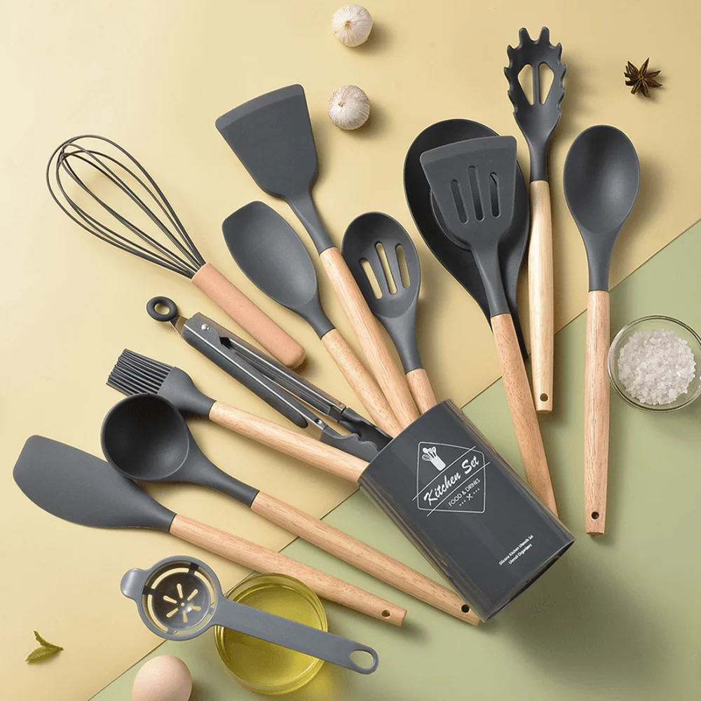 Silicone Kitchen Utensil Set 14pcs with Wooden Handles, Heat Resistant Non-Stick Cooking Tools for Daily Use, Complete Set for H