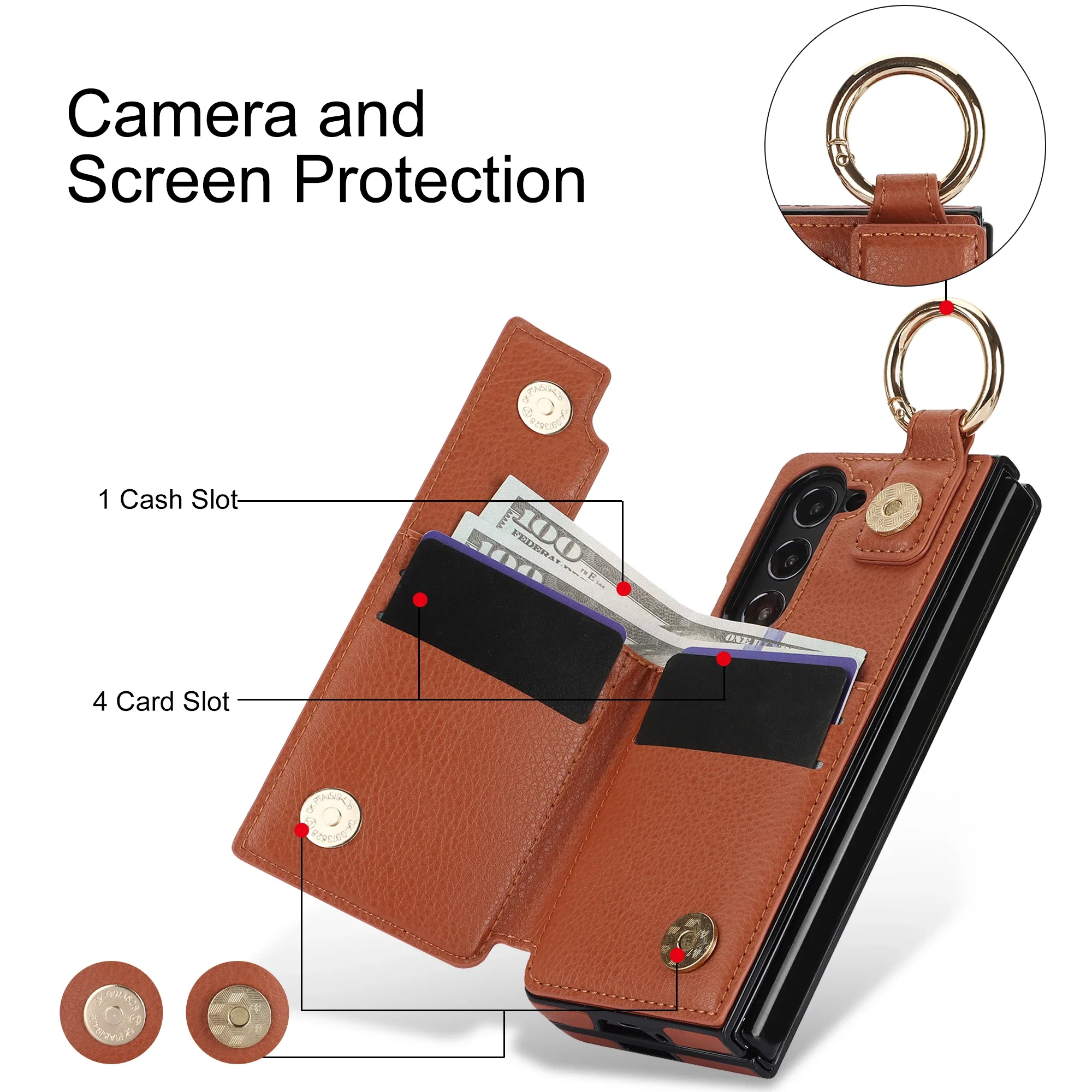 Luxurious PU Leather Ring Phone Case with Wallet & Card Slot for Foldable Phones (No Pen)
