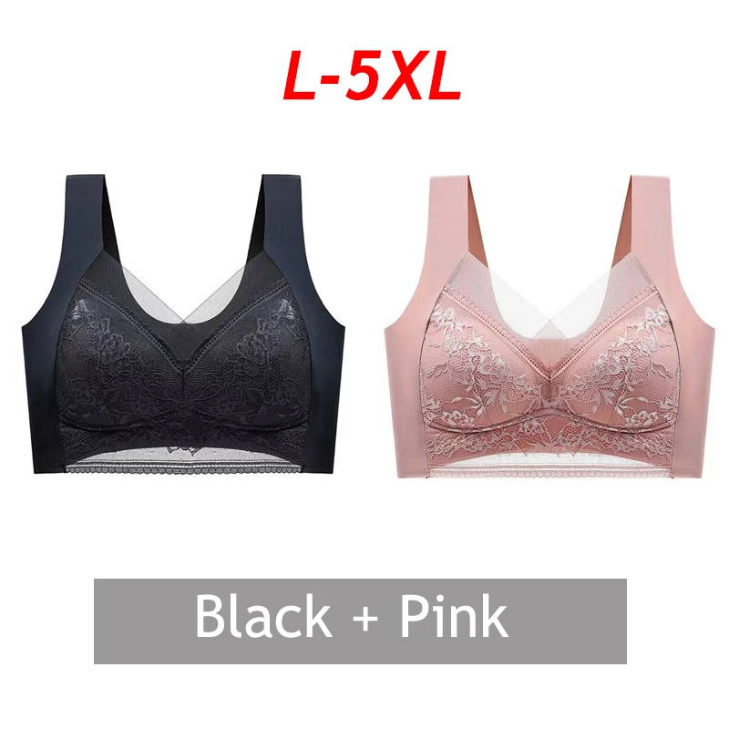 2PCS/Set Women Floral Lace Sport Bras Plus Size Bras Full Cup Backless Vest Female Gather Shock-Proof Wireless Brassiere L-5XL