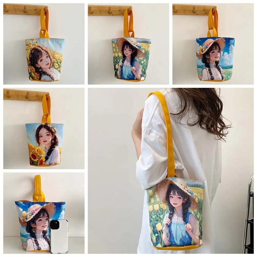 Elegant Canvas Flower Bucket Bag Mommy Bag Top Handle Cartoon Tote Bag Ins Storage Bag Cartoon Girls Print Handbag Shopping