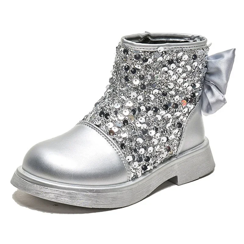Children's Short Boots 2024 New Fashion Sequin Bow Baby Girl Princess Leather Shoes Autumn Soft Sole Non Slip Kid‘s Casual Shoes 1
