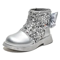 Children's Short Boots 2024 New Fashion Sequin Bow Baby Girl Princess Leather Shoes Autumn Soft Sole Non Slip Kid‘s Casual Shoes 1