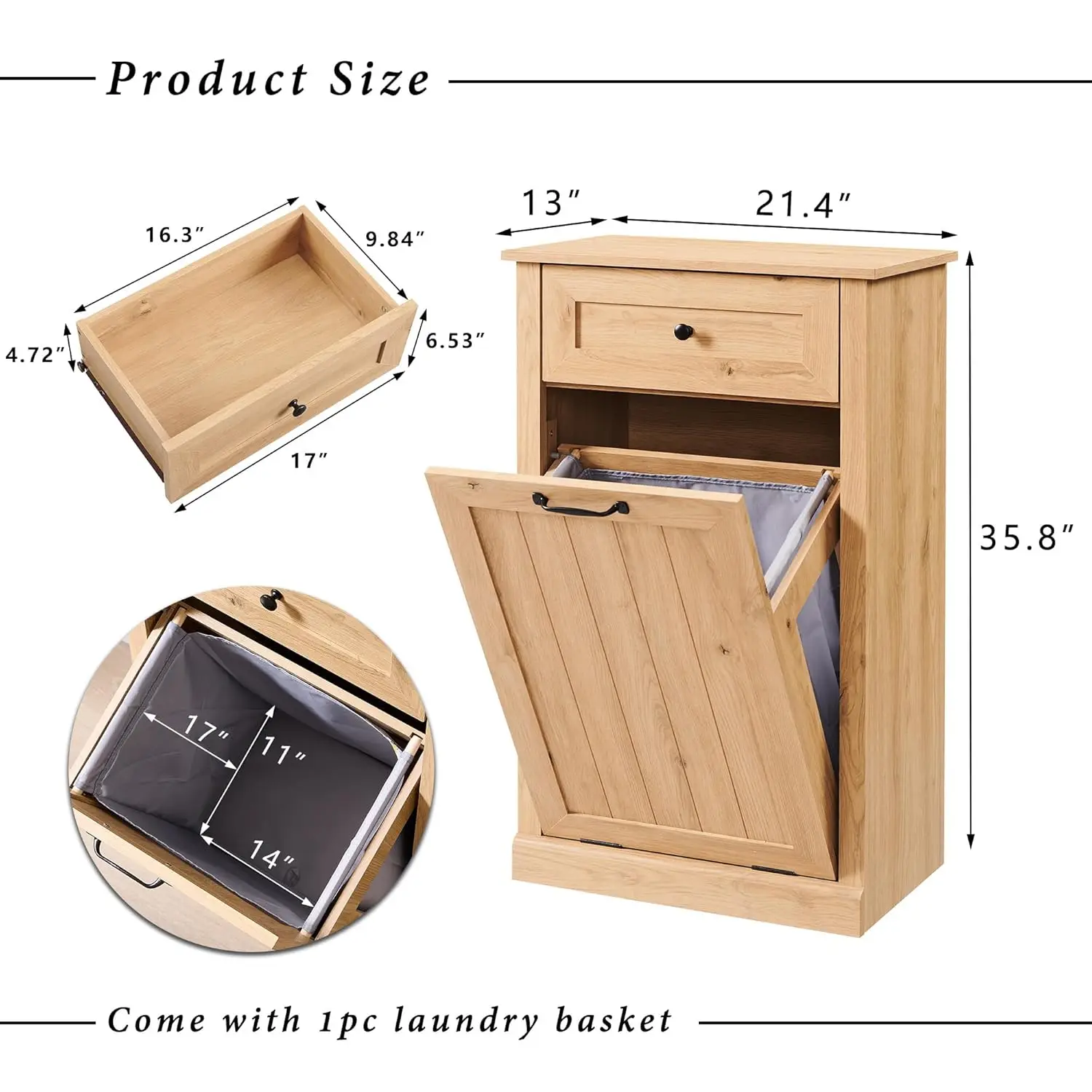 Tilt Out Trash Can Cabinet, 10 Gallon Farmhouse Laundry Hamper Cabinet with Drawer, Hidden Wooden Trash Garbage Can Bin with Sto