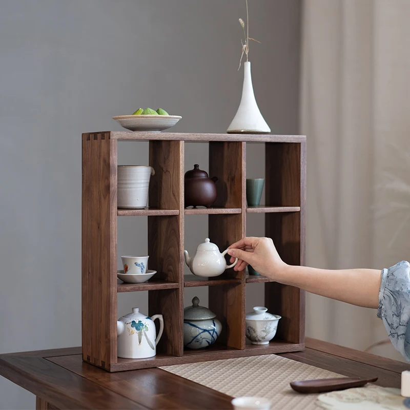 

Black walnut nine-square lattice shelf, wall desktop shelf, solid wood tea furniture, Zen multi-baoge porcelain checkered shelf