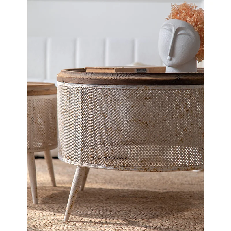 Rustic Round Coffee Table Set, Pine Wood Top with Cut-Out Iron, Space-Saving Design for Small Apartments