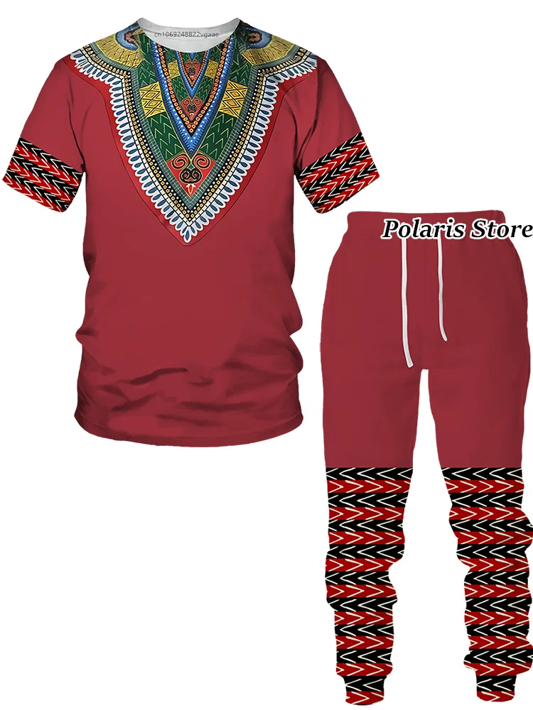 African Clothes For Men Dashiki T Shirt Set Traditional Wear Clothing Long Pants Casual Retro Streetwear Vintage Ethnic Style