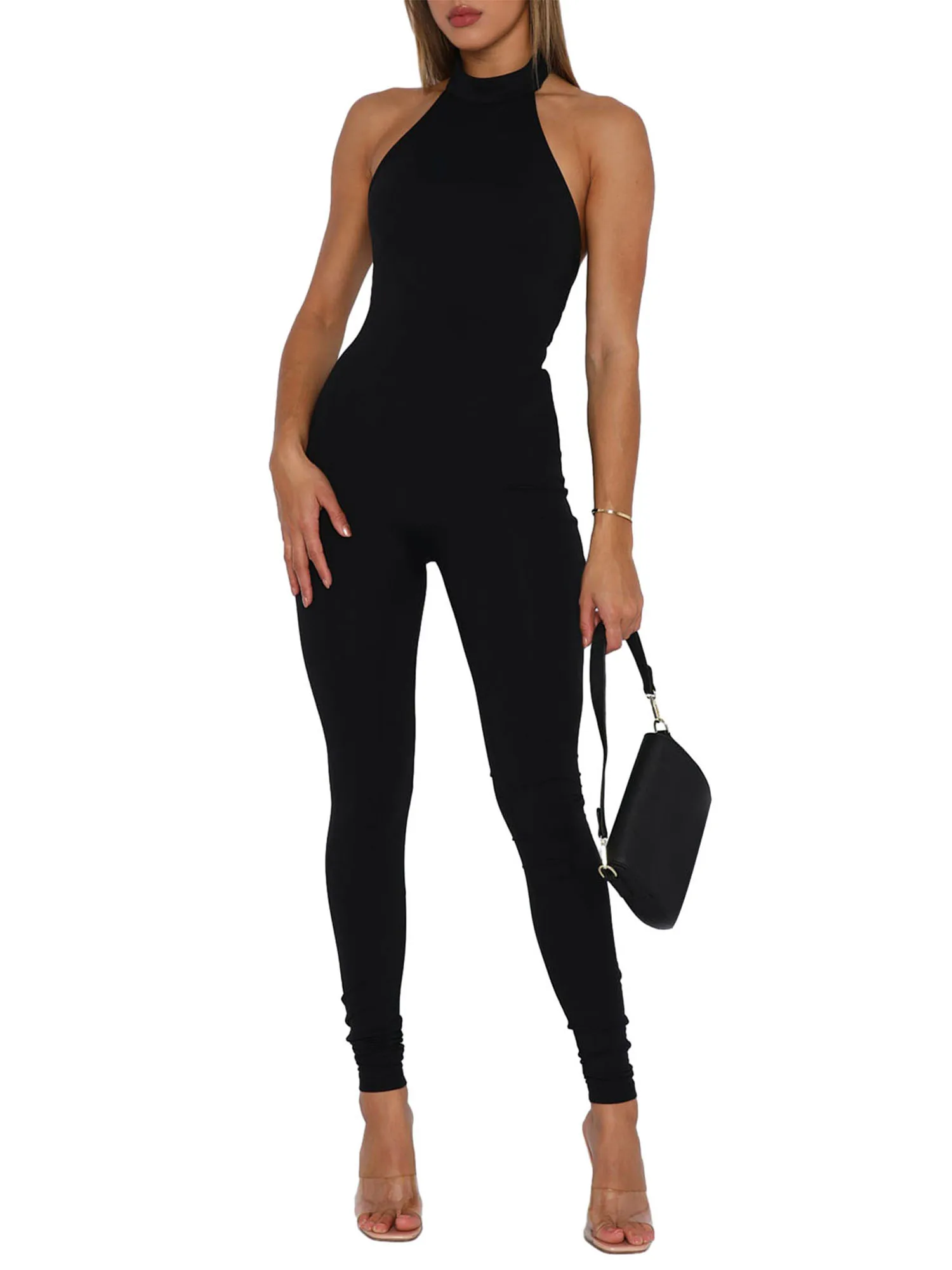 

Women s Sexy Bodycon Jumpsuit Halter Sleeveless Backless Plain Stretchy Slim Fitted Romper Bodysuit