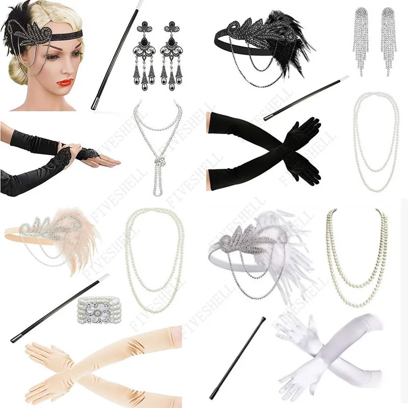 

1920s Accessories Set For Women Flapper Dress Accessories Retro Party Props GATSBY Headband Pearl Necklace White Feather Band