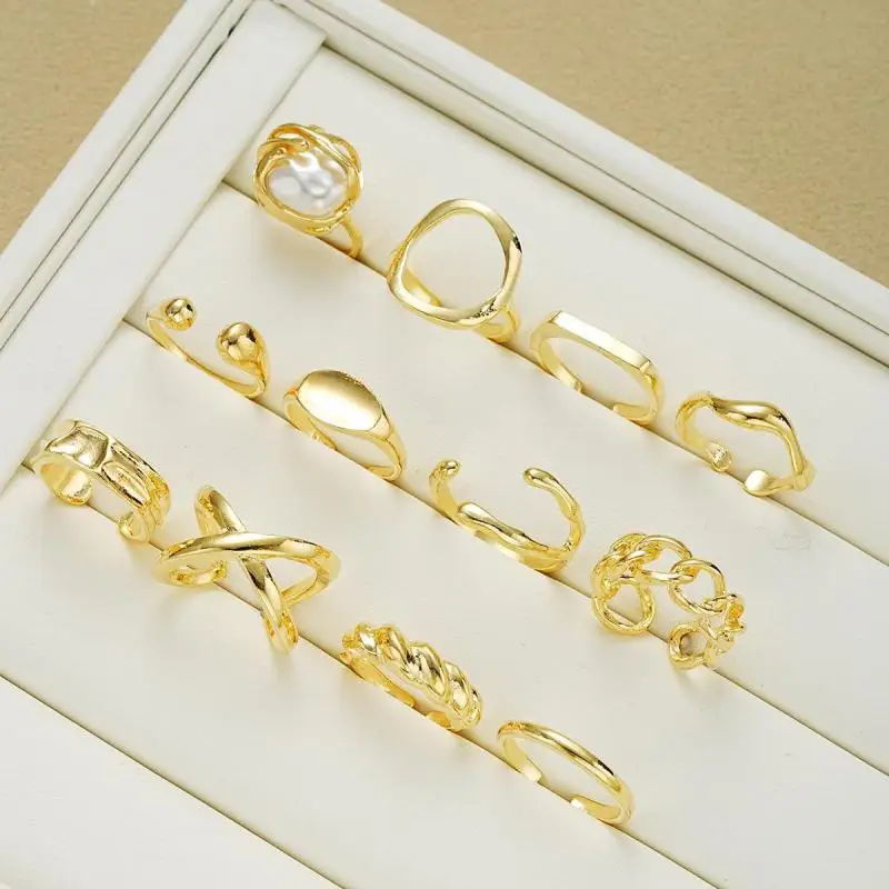 12Pcs/Set Retro Irregular Geometric Rings for Women Punk Alloy Metal Adjustable Finger Rings Set Fashion Statement Jewelry Party 5