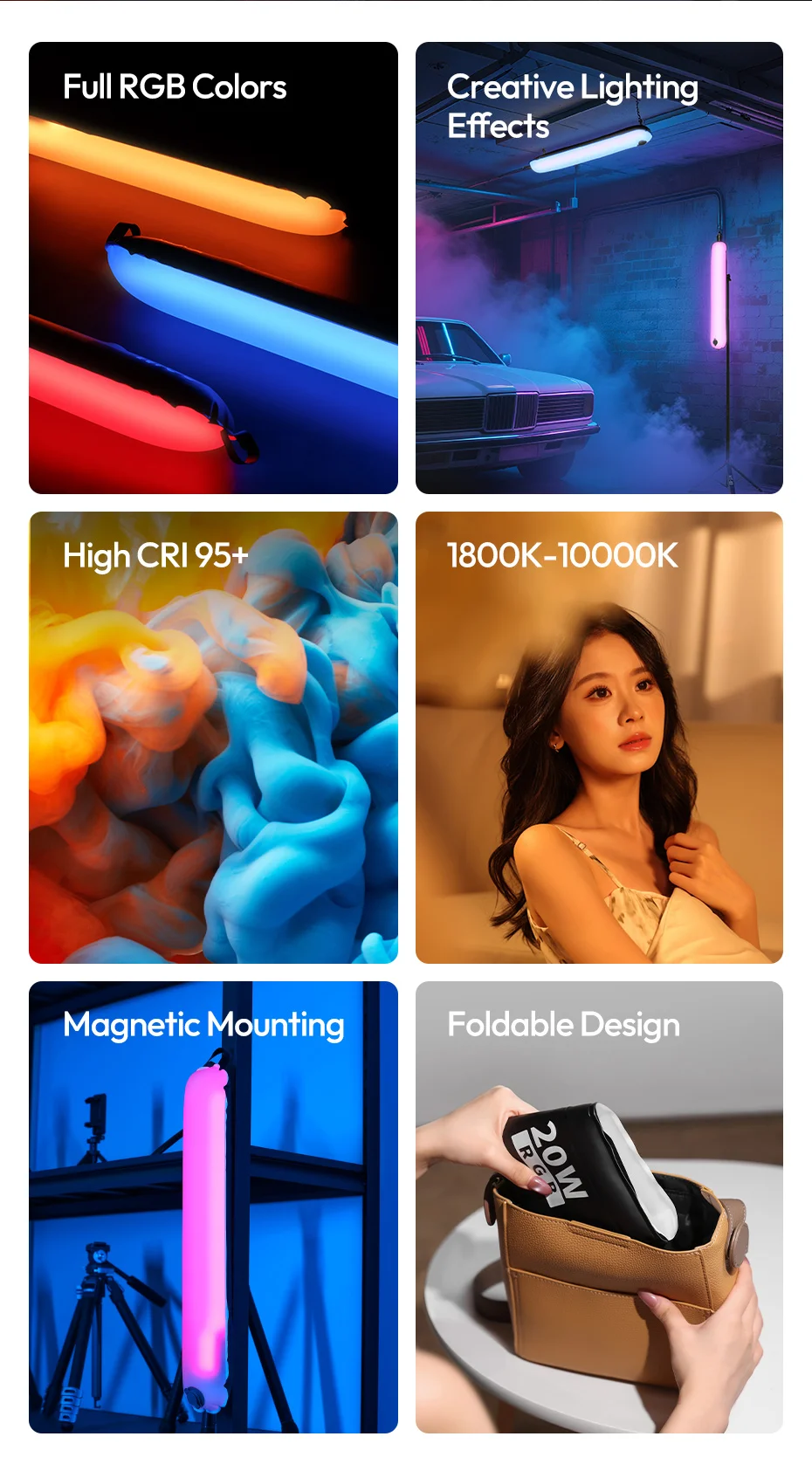 20W RGB Magnetic Air Tube Light 1800-10000K Full RGB Portable Air Tube Light for