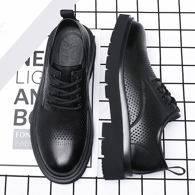 

New Men Leather Platform Oxfords Lace-up Thick Tottom Male Derby Shoes Casual Buckle Loafers Mens Square Toe Formal Dress Shoes