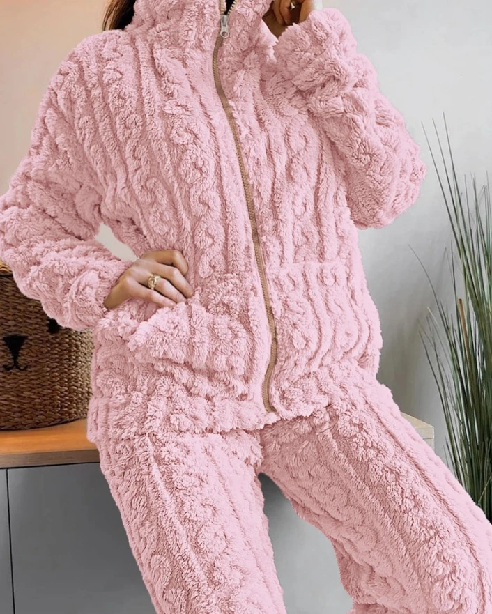 Ensemble deux pièces tendance automne-hiver pour femme, haut et pantalon en jacquard texturé, col montant, fermeture éclair, pelucheux 1